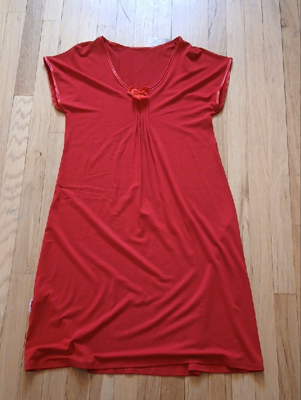 Red Short-Sleeve Midi Slip Dress with Front Knot